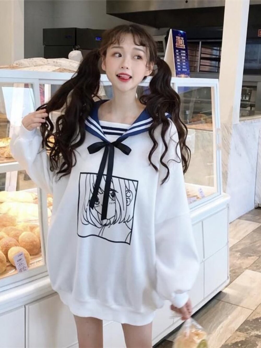 Kawaii Anime Sailor Collar Oversized Sweatshirt Dress Red Bow Harajuku M